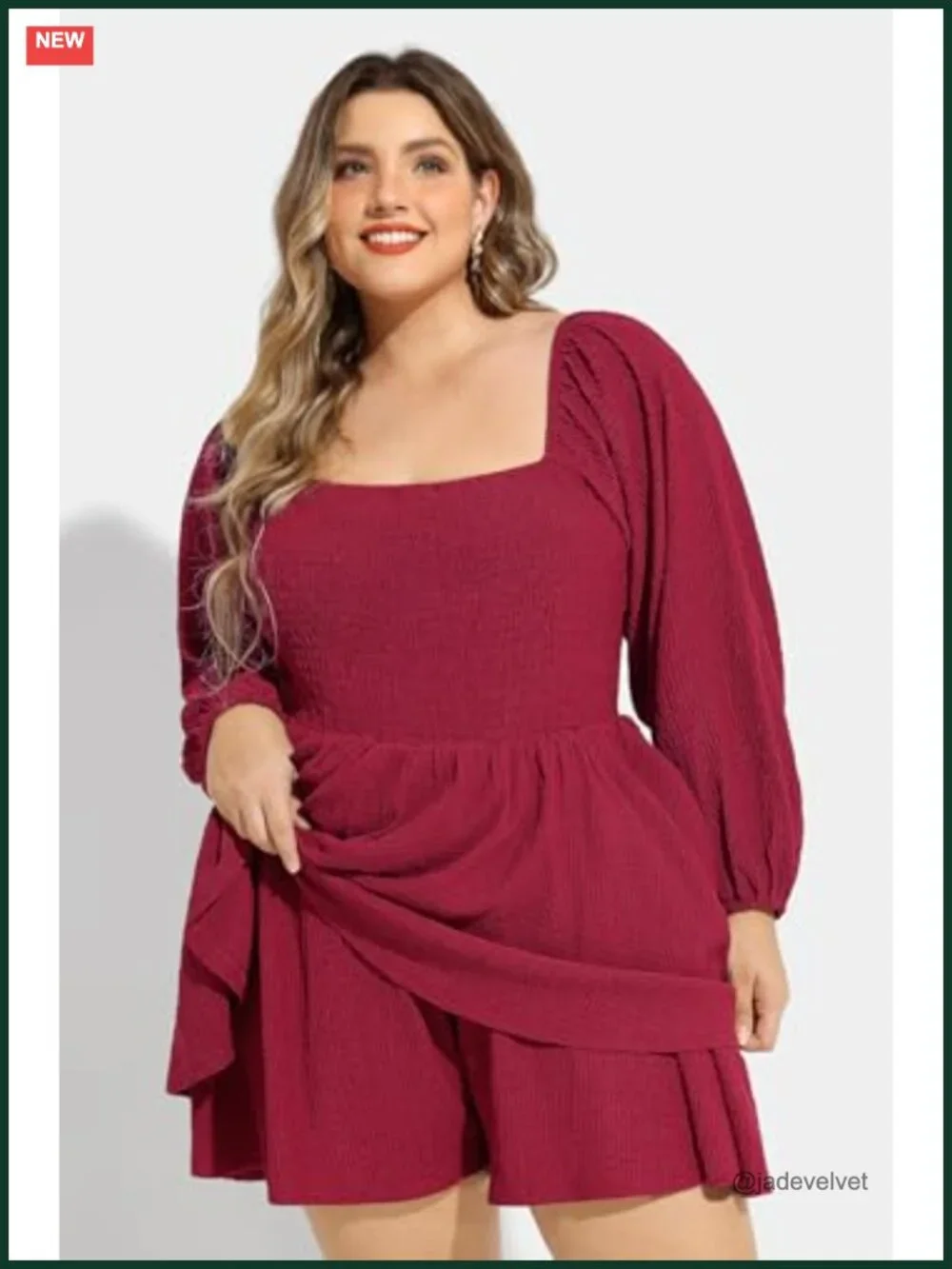 Plus Size Square Neck Puff Sleeve Mini Dress A-Line Tiered Flowy